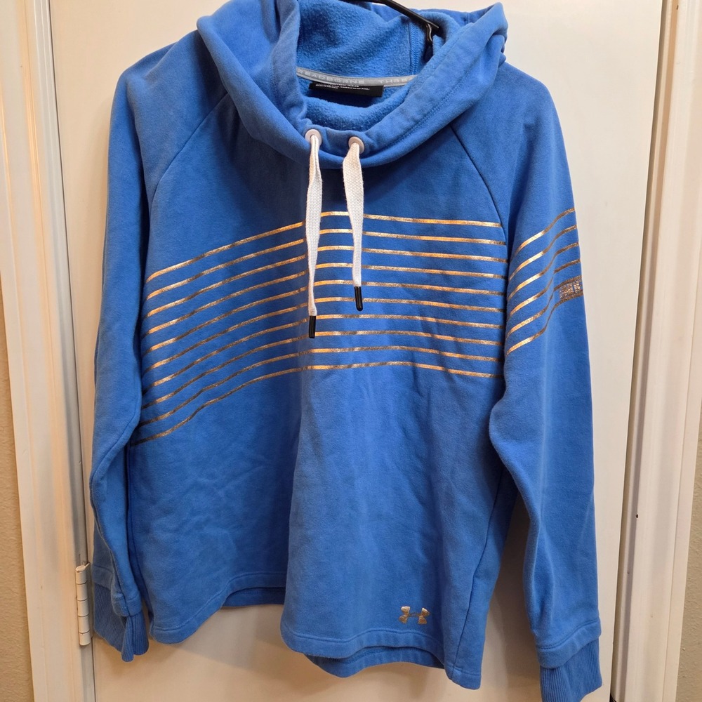 Under Armour Blue Hooded Sweatshirt Loose Fit Gold Stripe Logo Women's Medium